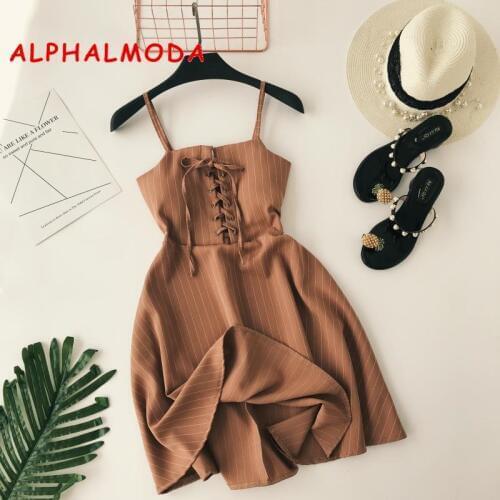 ALPHALMODA Women New Classic Striped Sling Dress Lacing Up High Waist Slim Fit Ladies A-line Vintage Summer Vestidos