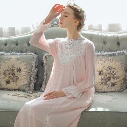 Women Sleeping Dress Princess Sleepshirts Vintage Palace Style Lace Embroidered Nightgowns.Victorian Nightdress Lounge Sleepwear