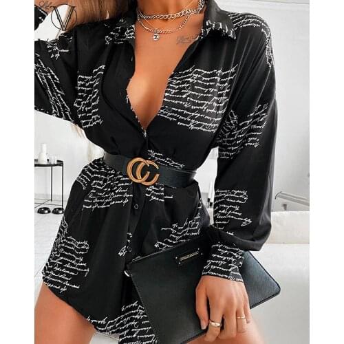 VAZN 2021 Autumn Black Letter Simple Shirt Dress Chiffon Young Daily Free Full Sleeve Women Nature Midi Dress