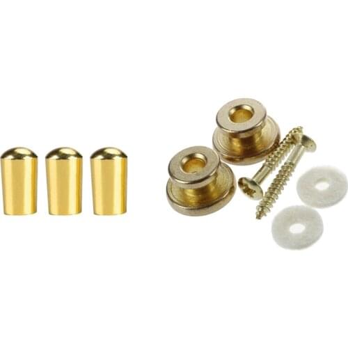 2 Set Guitar Accessories: 1 Set Golden Strap Button with Mounting Screw & 1 Set 3 Way Toggle Switch Knob Tip Cap