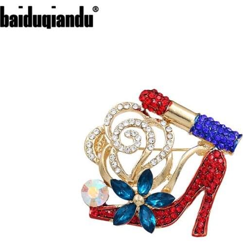 Baiduqiandu Crystal Flower High-Heeled Shoes Sexy Lipstick Brooches For Women Wedding Party DIY Jewelry Accessories Brooch Pins