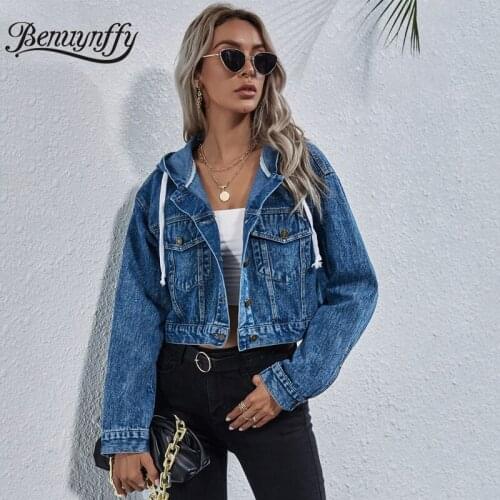 Benuynffy Single Breasted Drawstring Hooded Crop Denim Jacket Women Autumn Fashion Flap Pocket Jean Coats Female Outerwear 2021