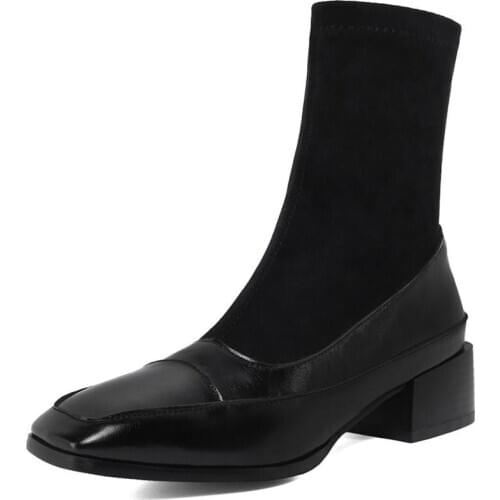 Square Toe Thick Heel PU Stitching Stretch Boots Square Heel Stretch Cloth Slip-On Socks Shoes Winter Warm Womens Boots TPR