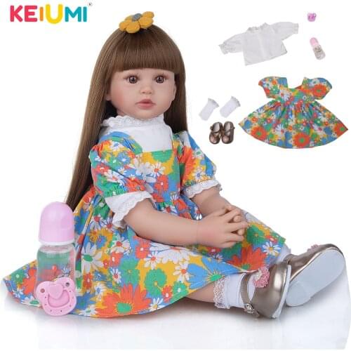 KEIUMI 60CM New Fashion Super Long Light Brown Hair Boneca Reborn Blue Chrysanthemum Skirt Soft Touch Alive Reborn