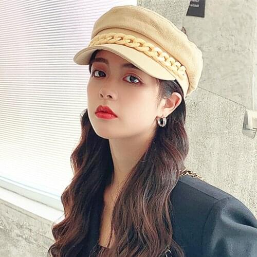 Newsboy Hat Autumn Solid New Adult Ladies Girl Ins Beret Hat Cotton French Artist Cap With Plastic Chain