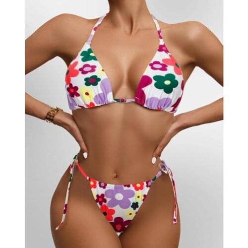 MYTENG Cute Floral Print Two Piece Set Bikini Mujer New Triangle Push Up Swimwear Women Sexy Mini Thong Beachwear Halter Biqiuni