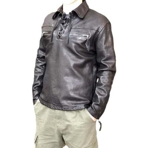 2020 New Japanese Retro Lapel Casual Genuine Leather Jacket Men Heavy Wash Black Sheep Leather Coats M-XXL