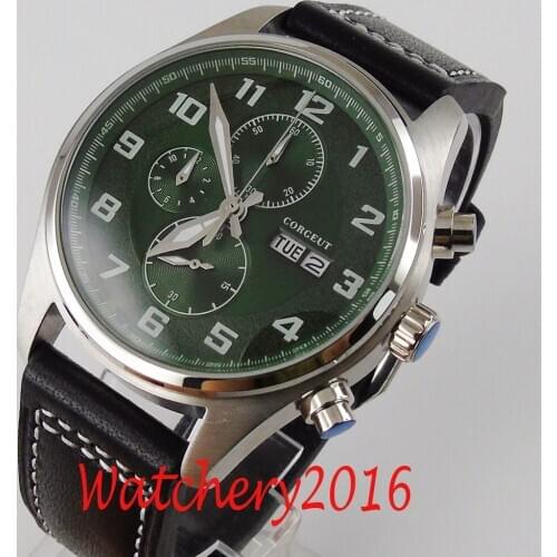 Corgeut new 42mm Business chronograph watch Stainless case Luminous hands date week leather strap mens quartz watch