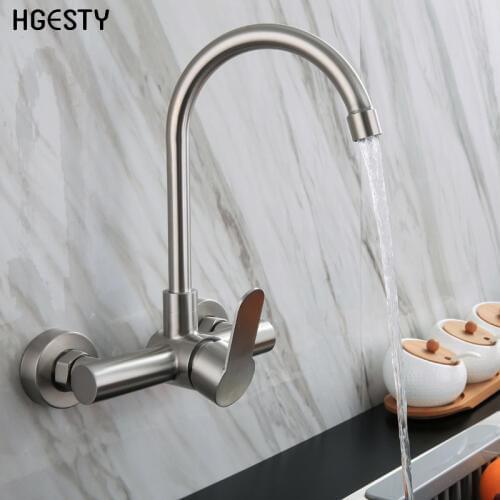 Wall Mounted Kitchen Faucet 360 Degree Rotation Double Hole Single Handle Hot Cold Water Mixer Tap Balcony Laundry Pool Faucet