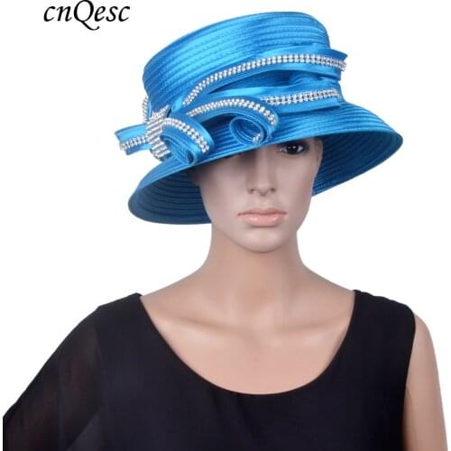 NEW Blue Kentucky Derby Hat Formal Dress Church Hat satin ribbons fascinator fedora with Rhinestones