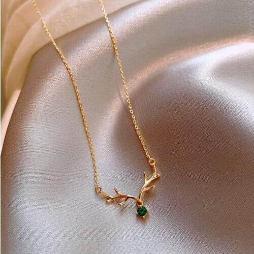 2021 New Gold Color With Green Rhinestone Cute Fashion Deer Antlers Micro-set Necklace Simple Temperament Antler Necklace