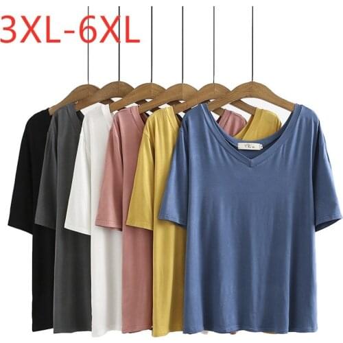 New 2021 Ladies Summer Plus Size Tops For Women Large Short Sleeve Loose Cotton Modal Blue White V-neck T-shirt 3XL 4XL 5XL 6XL