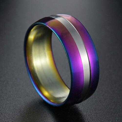 New Rainbow Color Groove Stainless Steel Rings Women Men Charm Fashion Jewelry Wholesale Lovers Ring