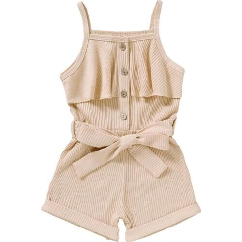Summer Girls Sleeveless Sling Cotton Fashion Solid Color Single-Breasted Rompers