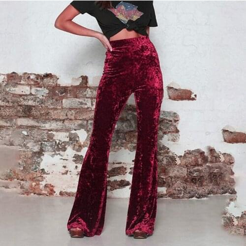 Autumn Winter Womens Velvet Long Flare Pants Korean Sexy High Waist Trousers Casual Velour Bell Bottom Pants Red Black
