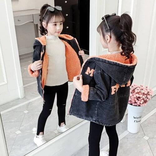 Autumn and Winter Childrens Clothing Girls Korean Alphabet Embroidery plus Velvet Denim Jacket of Children Thickened