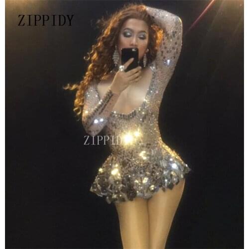 Shining Mirrors Stones Dress One-piece Bright Costume Nightclub Female Singer Dress Oufit Dancing Stage Show Party Dresses