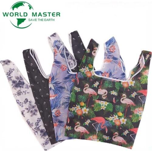 World Master Flamingo Polyester Reusable Shopping Bags Women Girl Party Bag Portable Cloth Storage Grocery Bag Folding Handbags