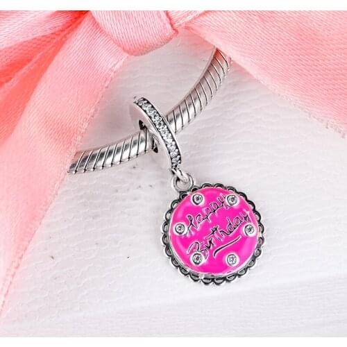 Pink Birthday Cake Dangle Charm Sterling Silver 925 Beads for Jewelry Making DIY Gift for Sister Mother Wife Friends 021204