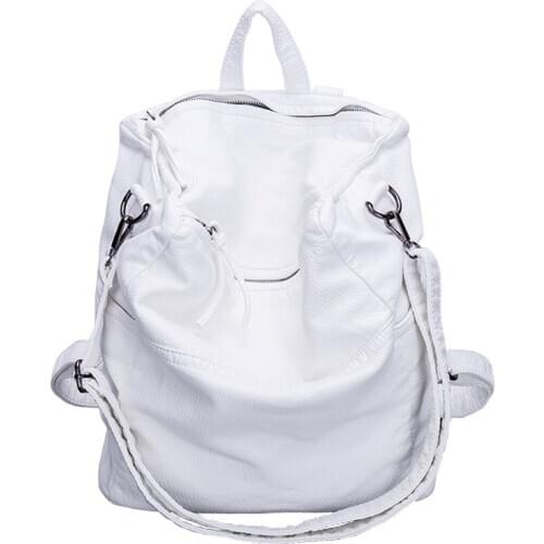 Retro Backpack Female leather Large Casualshoulder messenger Washed Leather Women Backpack bag Back white 2019