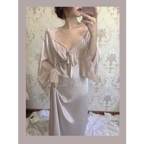 Sexy Sleepwear Night Wear Summer 2021 Home Clothes for Women Ladies Nightgown Lace Long Nightdress Sleepshirt Satin Slip Dress
