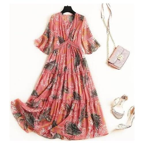 Chiffon pullover A word skirt summer womens lace V-neck stitching lotus leaf sleeves Slim print dress femaleT3632