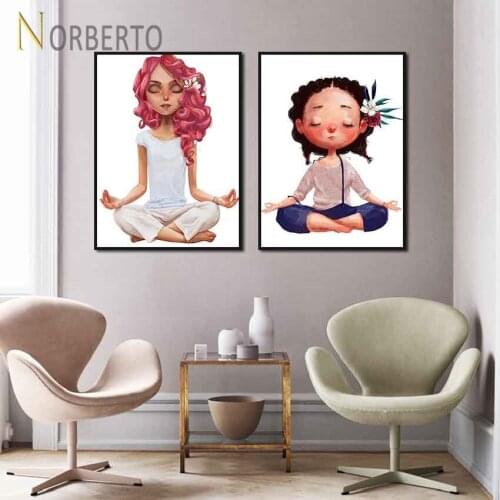 Modern Canvas Painting Poster and Print Cartoon Yoga Woman and Girl Lotus Seat for Living Rooms Bedroom Gallery Wall Decoration