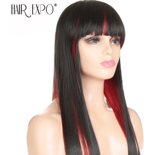Hair Expo City COSPLAY Wig Long Straight With Bangs Red And Black Heat Resistant Synthetic Hair For Women