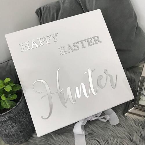Custom Made Platinum Silver Acrylic Mirror, HAPPY EASTER Box Decals, Personalized Lasercut Ornaments