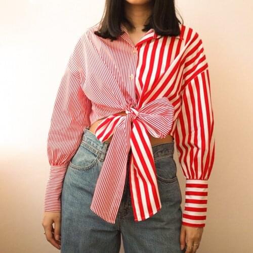 Hirigin Striped Dot Print Patchwork Shirts Streetwear Y2K Crop Top Women 2021 New Long Sleeve Turn-down Collar Autumn Shirts