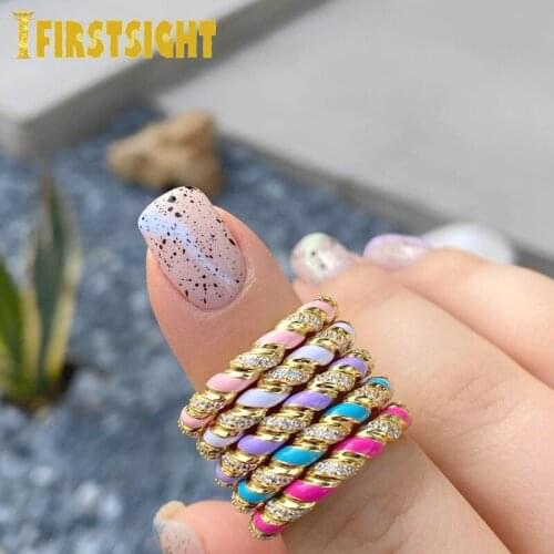 2021 New Fashion Micro Pave Clear CZ Twist Band Eternity Ring Finger Jewelry Gold Color Neon Enamel Colorful Rings Women