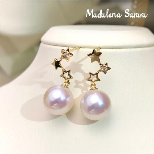 MADALENA SARARA 7-7.5mm AA Saltwater Akoya Pearl 18K Women Earrings Three Stars Style Diamond Inlaid Au750 Women Dangle Earrings