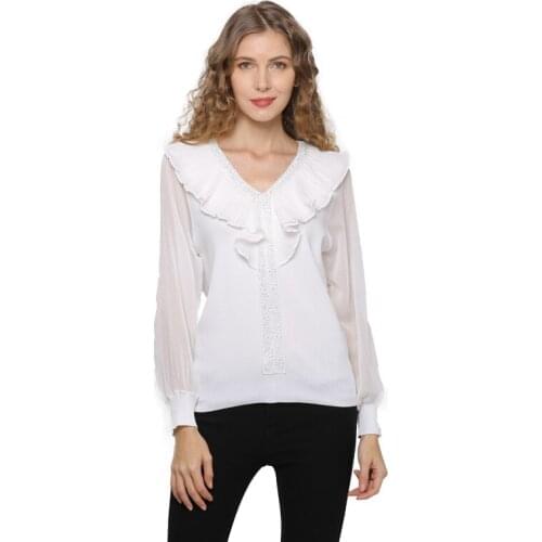 2020 Womens Lace Sleeve Stitching Flounces Knitted Pure Pullover Slim Womens Sweater Stripped Hot Sell