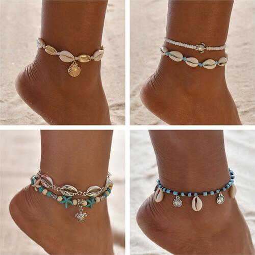 Vintage Handmade Shell Beads Sea Turtle Anklets For Women Girl New Multi Layer Anklet Leg Chain Bracelet Bohemian Summer Jewelry