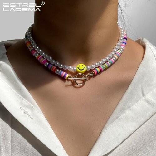 New OT Buckle Rainbow Polymer Clay Pearl Beaded Necklace For Women Bohemia Smiley Face Beads Necklace New Handmade Jewelry Gift