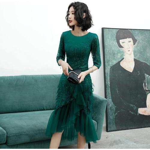 Wei yin AE0216 New Arrival Long Evening Dresses Half Sleeves with Feather Green Mermaid Party Dress Gowns for Woman