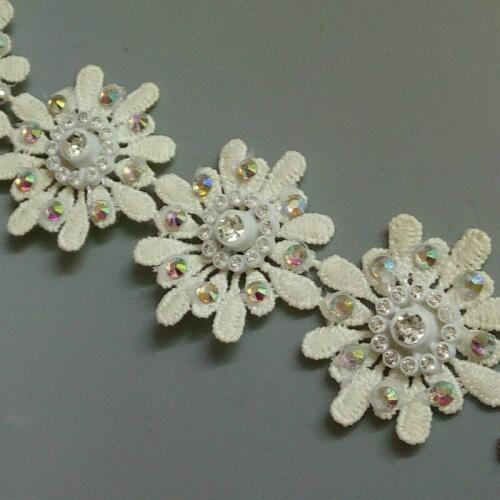 1 yard Soluble 3D Ivory Cotton Flower Fabric Rhinestone Embroidered Lace Trim Ribbon Sewing Supplies Craft Apparel Decoration