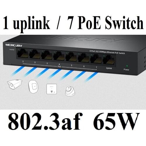 8 ports 1 uplink port 7 poe 65W 100Mbps MCU PoE Switch Ethernet Network Switch LAN Hub Full/Half duplex Exchange Auto MDI/MDIX
