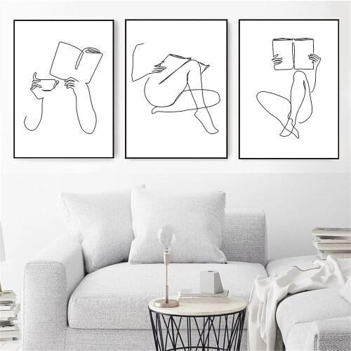 Abstract Woman Line Drawing Canvas Art Print Coffee Hands Book Poster Painting Female Body Wall Art Pictures Living Room Decor