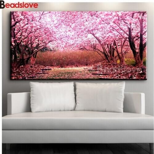 Large 5d diy diamond painting pink cherry blossom tree road full square round diamond embroidery rhinestone painting