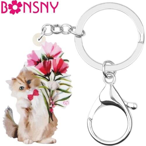 Bonsny Acrylic Valentines Day Flower Cat Key Chains Animal Key Rings Bag Car Purse Decorations For Women Girls Teen Charms Gift