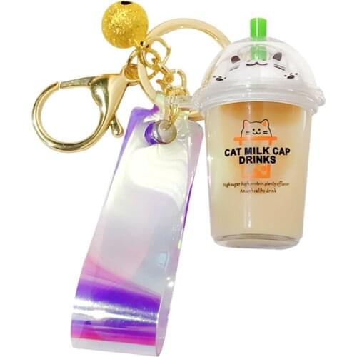 Cartoon Cute Cat Keychain Creative Milk Tea Cup Liquid Crystal Laser Quicksand Sequin Key Ring Bag Pendant For Women Key Chain