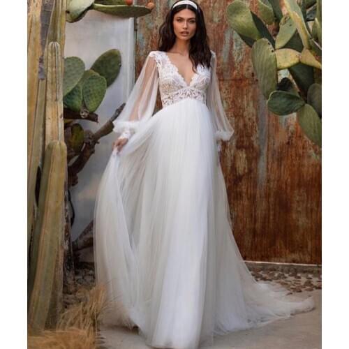 Elegant Wedding Dress 2021 A-Line V-Neck Lantern Sleeve Tulle Lace Appliques Chiffon Sweep Train Bride Gown Vestidos De Noiva