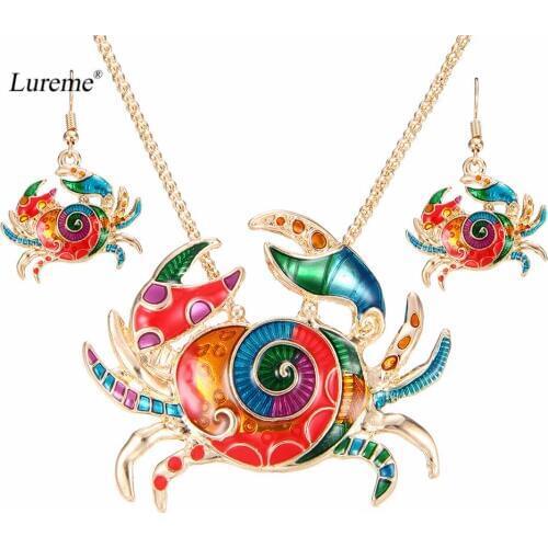 Lureme Enamel Colorful Animal Crab Necklace Pendant Dangle Earrings Jewelry Set for Women Girls (js000699)