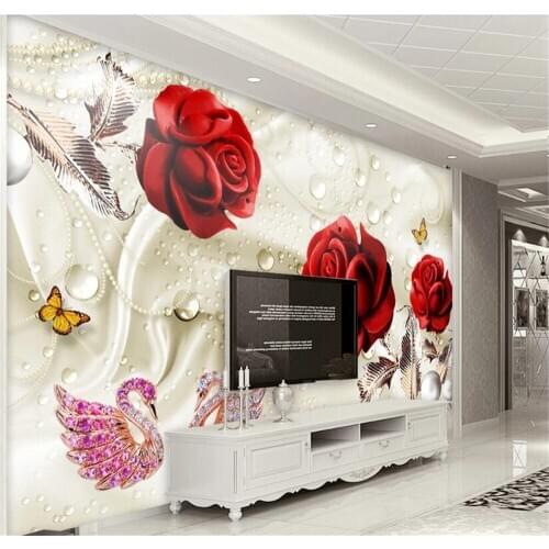 Milofi custom 3D printing wallpaper mural three-dimensional abstract creative red rose swan silk background wall
