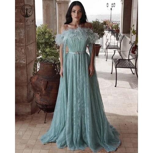 Classic Off the Shoulder Feather Long Sleeve Pleated Lace A Line Floor Length Prom Dresses 2020