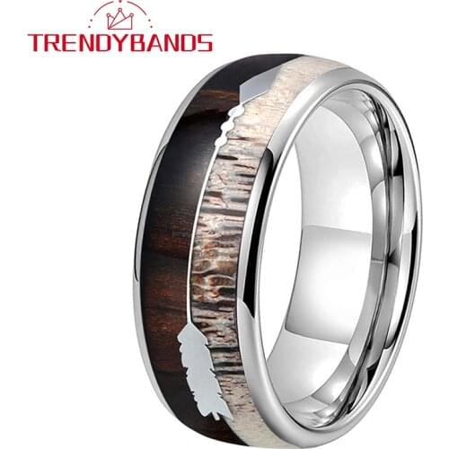 8MM Tungsten Carbide Engagement Rings For Men Women Wedding Bands Koa Wood Arrow Deer Antler Inlay Polished Shiny Comfort Fit