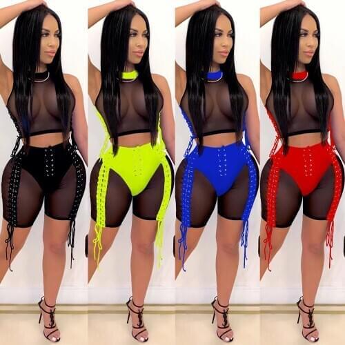 Grommet Lace Up Sheer Mesh Two Piece Set Women Sexy Night Club Suit Color Patchwork Sleeveless Crop Top Shorts with Underwear