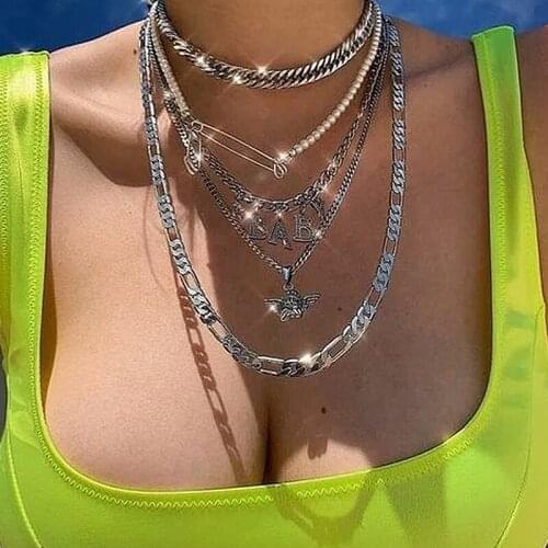 5 Pcs/Set Women Necklaces Set Bohemian Retro Paper Clip Baby Letter Angel Pendant Silver Color Necklace Ladies Retro Jewelry