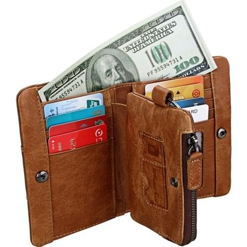 Vintage Crazy Horse Wallets Genuine Leather Short Men Wallet with Key Ring RFID Card Holder Cowhide Coin Wallets Mens Purse